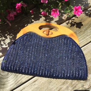 Vintage Navy Blue Wicker Clutch Bag wooden handle